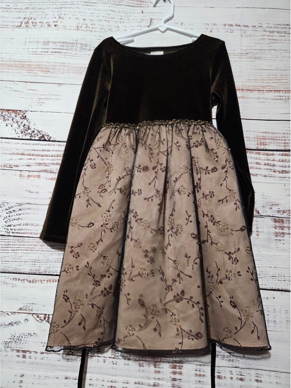 Perfectly Dressed 6X Brown Velvet Top with Floral Pattern Dress